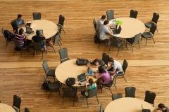 (4) Students study in the Business Instructional Facility Atrium.